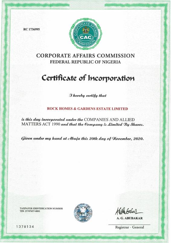 First page of Rock Homes and Gardens Estate Limited CAC document