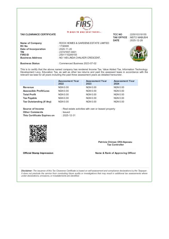 Rock Homes and Gardens Estate Limited tax clearance certificate